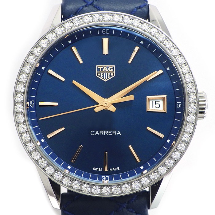 タグ・ホイヤー TAG Heuer 腕時計 カレラ WBK1317.FC8259 ダイヤベゼル サンレイ ブルー文字盤 デイト レザーベルト SS クオーツアナログ 【中古】