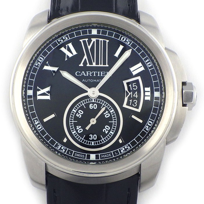 カルティエ Cartier 腕時計 カリブル LM W7100014 ローマンインデックス デイト 夜光針/インデックス スモールセコンド 裏スケ ブラック 文字盤 レザーベルト SS 自動巻き