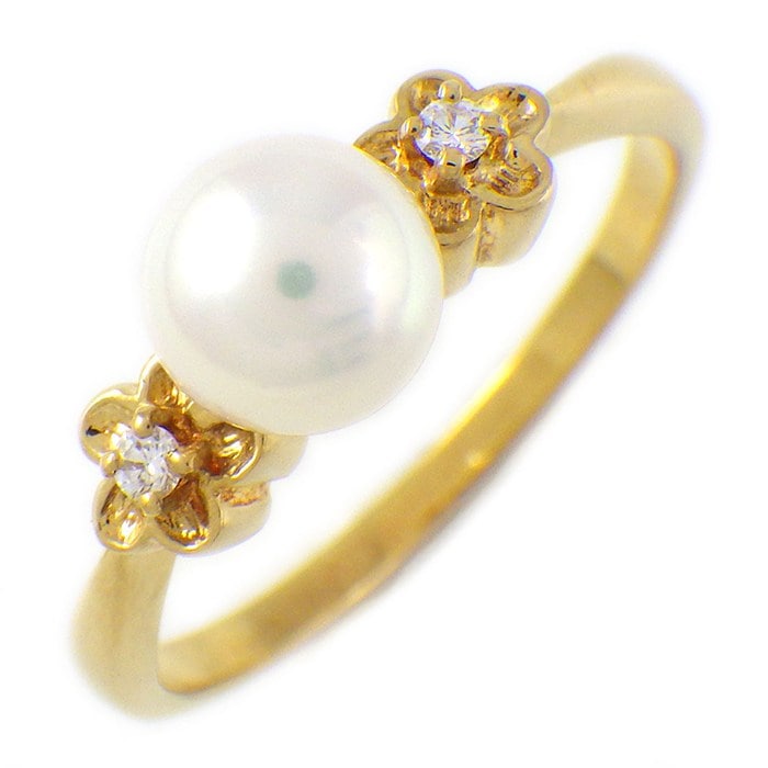 ミキモト MIKIMOTO リング フラワー パール 6mm珠 2ポイント ダイヤモンド K18YG 12号 【中古】