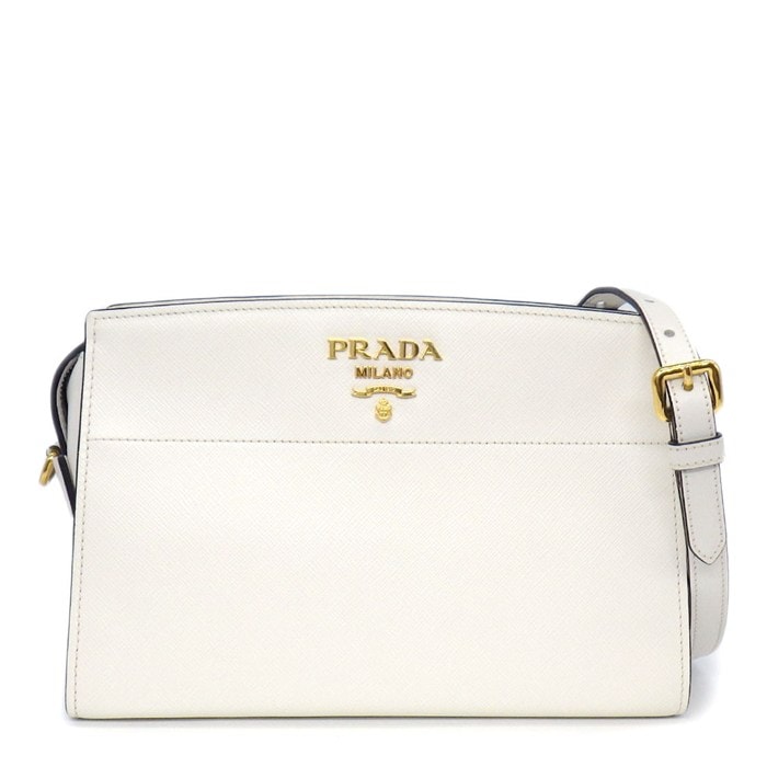 プラダ PRADA ショルダーバッグ バンドリエラ スクエア クロスボディバッグ 1BH104 ホワイト サフィアーノレザー ゴールド金具 【中古】