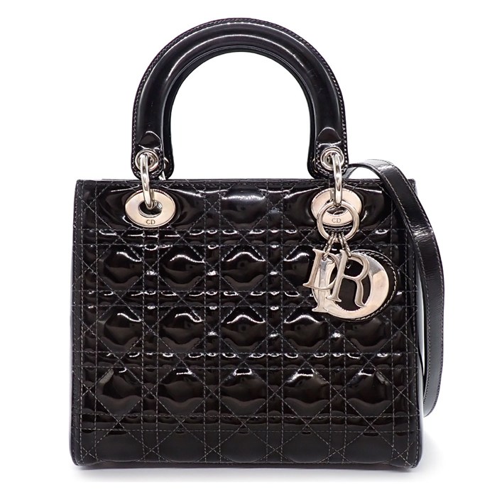 ディオール Dior ハンドバッグ/ショルダーバッグ レディディオール ミディアム ブラック パテントカーフスキン シルバー金具 【中古】