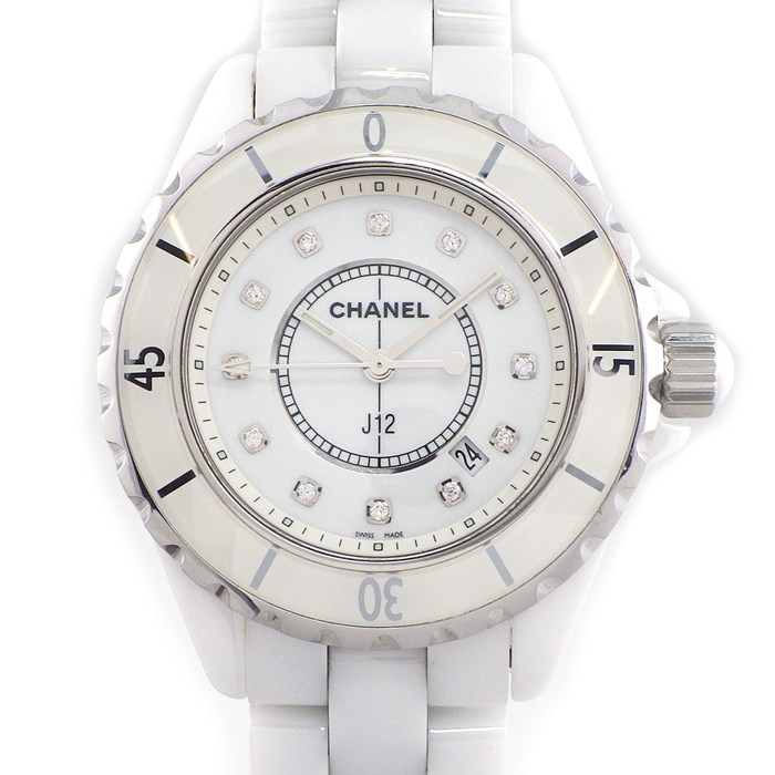 シャネル CHANEL 腕時計 J12 H1628 12ポイント ダイヤインデックス デイト 回転ベゼル ホワイト 文字盤 セラミック SS クオーツアナログ 【箱・保付き】 【中古】