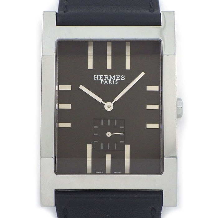 エルメス HERMES 腕時計 タンデム TA1.810 レクタンギュラー ブラック文字盤 スモールセコンド レザーベルト SS クオーツアナログ 【箱・保付き】 【中古】