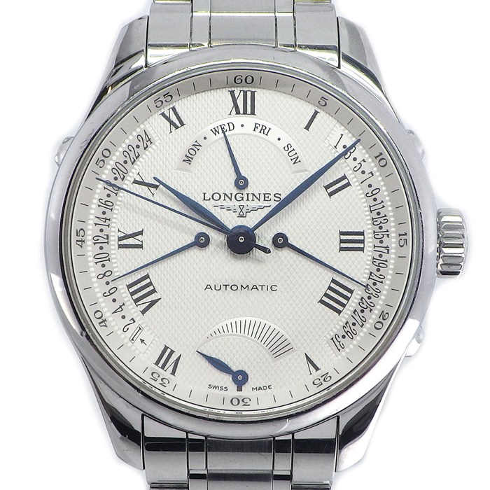 ロンジン Longines 腕時計 マスターコレクション レトログラード L2.714.4 ローマンインデックス デイト 裏スケ GMT パワーリザーブ表示 シルバー 文字盤 SS 自動巻き 【中古】