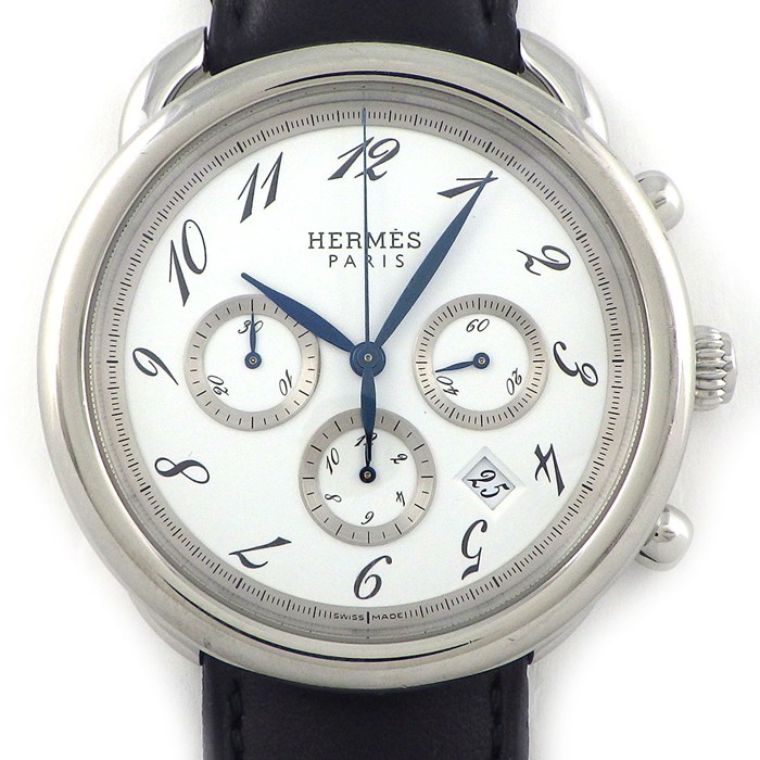 エルメス HERMES 腕時計 アルソー AR4.910 デイト クロノグラフ スモールセコンド ホワイト 文字盤 レザーベルト SS 自動巻き 【中古】