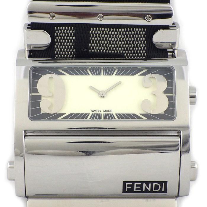 フェンディ FENDI 腕時計 1120G レクタンギュラー アイボリー文字盤 FF ロゴ キャンバス ナイロンベルト SS クオーツアナログ 【中古】
