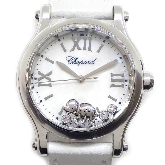ショパール Chopard 腕時計 ハッピースポーツ 278590-3011 日本限定 100本 クマ アーティー ムービング 3ポイント ダイヤ ホワイトシェル文字盤 レザーベルト SS クオーツアナログ 【箱・保付き】 【中古】