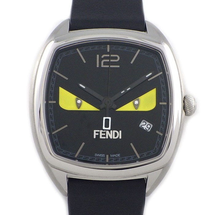 フェンディ FENDI 腕時計 バグズ モンスター 22000M スクエア ブラック文字盤 デイト SS レザーベルト クオーツアナログ 【中古】