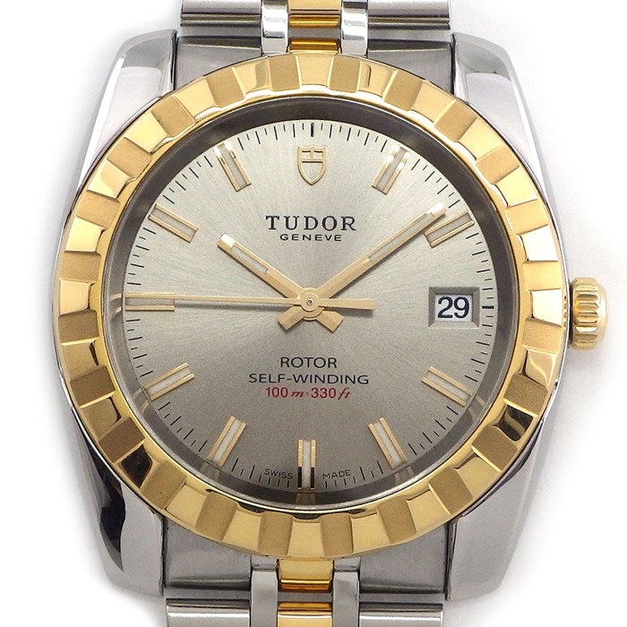 チューダー(チュードル) TUDOR 腕時計 クラシックデイト 21013 サンレイ グレー文字盤 デイト 夜光インデックス 夜光針 K18YG SS 自動巻き 【箱・保付き】 【中古】