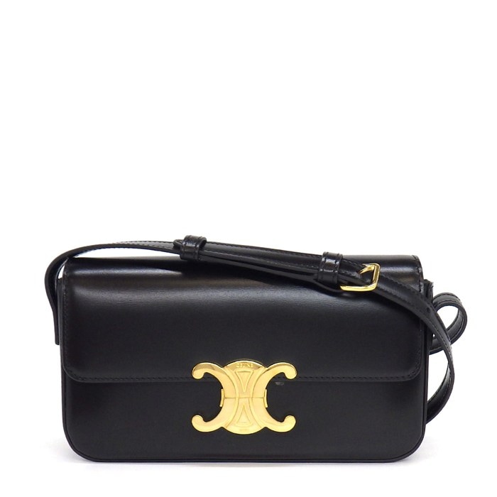 セリーヌ CELINE ショルダーバッグ トリオンフ クロード 194143BF4.38NO ブラック シャイニーカーフスキン ゴールド金具 【中古】