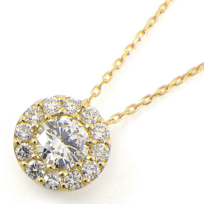 【ダイヤモンド】 ネックレス ラウンドモチーフ センターダイヤモンド 0.247ct サイドダイヤモンド 0.17ct K18YG 【中古】
