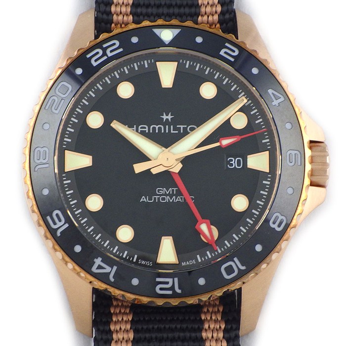 ハミルトン Hamilton 腕時計 カーキ ネイビー スキューバ GMT 43MM H82565930 デイト ブラック文字盤 ナイロンベルト チタン ブロンズ 自動巻き 【箱・保付き】