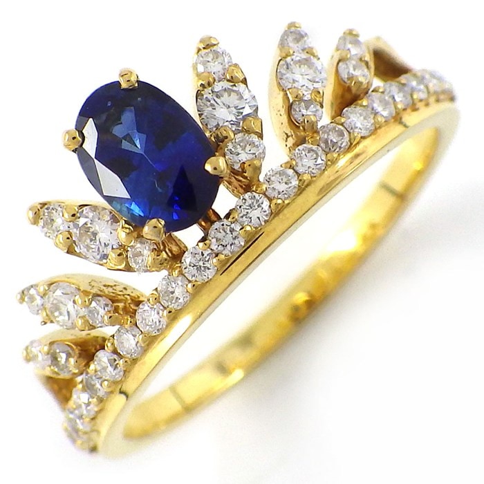 【ブルーサファイア ダイヤモンド】 リング クラウン ティアラ 1ポイント オーバルカット ブルーサファイア 0.55ct ダイヤモンド 0.42ct K18YG 12号 【中古】