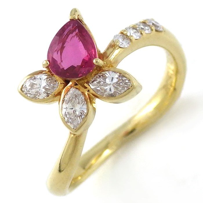 【ルビー ダイヤモンド】 リング ウェーブ ツイスト 1ポイント ペアシェイプ ルビー 0.46ct マーキスカット/ラウンドカット ダイヤモンド 0.30ct K18YG 8号 【中古】