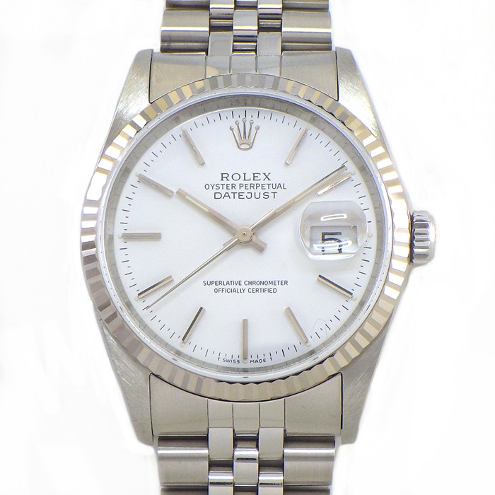 ロレックス Rolex 腕時計 デイトジャスト 16234 E番 1990-1991年製 デイト 夜光インデックス 夜光針 ホワイト文字盤 フルーテッドベゼル ジュビリーブレス K18WG SS 自動巻き 【中古】