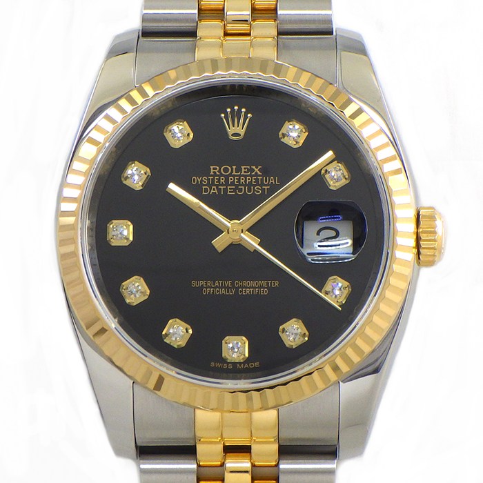 ロレックス Rolex 腕時計 デイトジャスト 116233G 10ポイント ダイヤインデックス ブラック文字盤 デイト K18YG SS 自動巻き 【箱・保付き】 【中古】