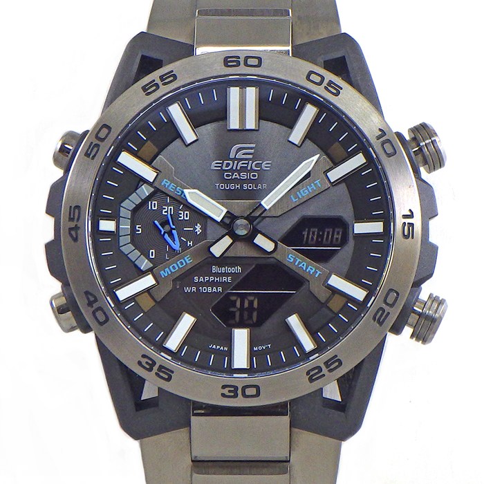 カシオ CASIO 腕時計 エディフィス ECB-2000 デイデイト クロノグラフ ワールドタイム表示 夜光インデックス 夜光針 スモールセコンド GMT パワーリザーブ表示 サンレイ ブラック文字盤 SS カーボン ソーラー 【箱・保付き】 【中古】
