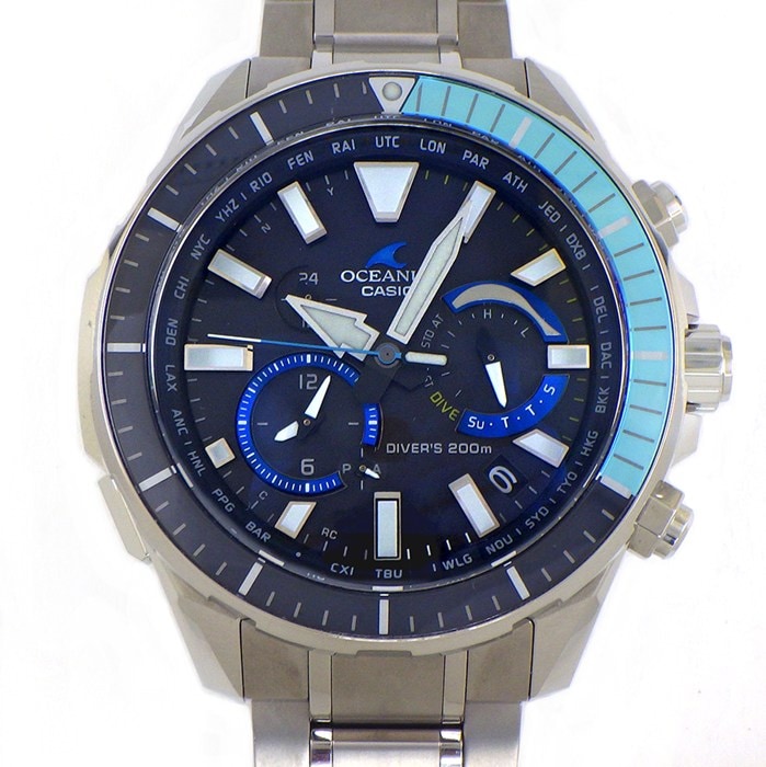 カシオ CASIO 腕時計 オシアナス カシャロ ダイバーズ OCW-P2000-1AJF ブラック文字盤 デイデイト クロノグラフ ワールドタイム表示 モバイルリンク機能(Bluetooth)  チタン ソーラー 【中古】