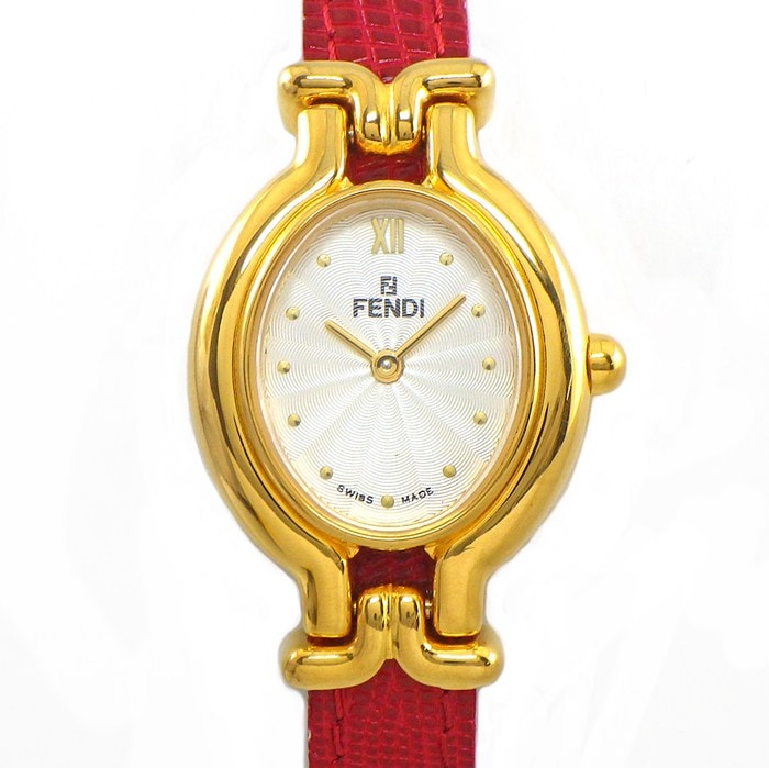 フェンディ FENDI 腕時計 カメレオン チェンジベルト 640L マルチカラーストラップ 全4色 オーバル シルバーギョーシェ文字盤 GP レッド リザードレザーベルト クオーツアナログ 【中古】