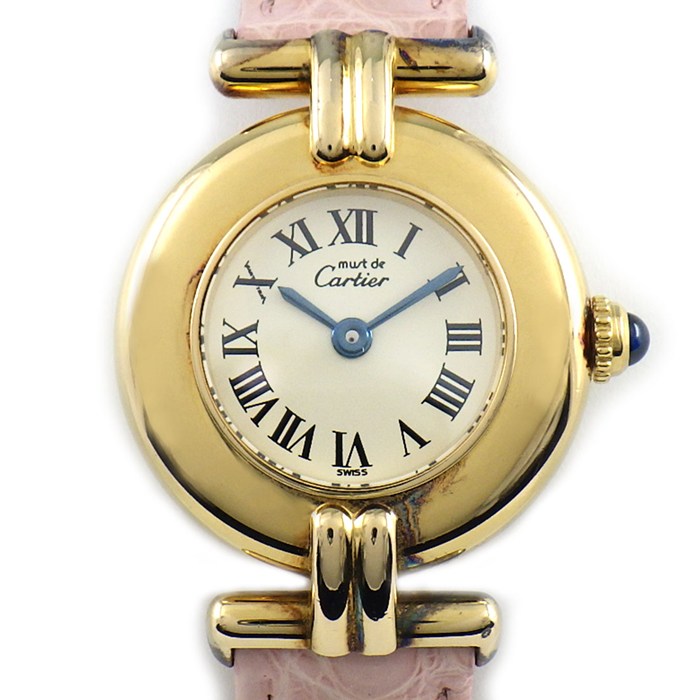 カルティエ Cartier 腕時計 マストコリゼ SM W1000654 アイボリー文字盤 ローマンインデックス SV925 SS ピンク レザーベルト クオーツアナログ 【中古】