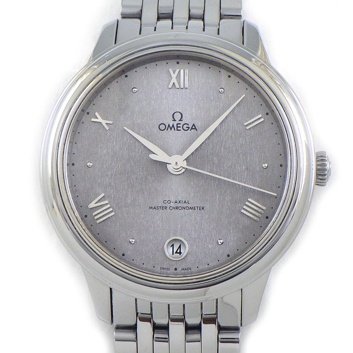 オメガ OMEGA 腕時計 デ・ヴィル プレステージ 434.10.34.20.03.001 ローマンインデックス デイト 裏スケ ブルー 文字盤 SS 自動巻き 【箱・保付き】 【中古】