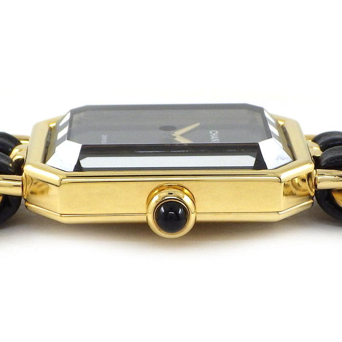 シャネル CHANEL 腕時計 プルミエールM H0001 オクタゴナル ブラック文字盤 チェーンブレス レザーベルト GP クオーツアナログ 【中古】