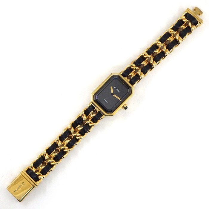 シャネル CHANEL 腕時計 プルミエールM H0001 オクタゴナル ブラック文字盤 チェーンブレス レザーベルト GP クオーツアナログ 【中古】