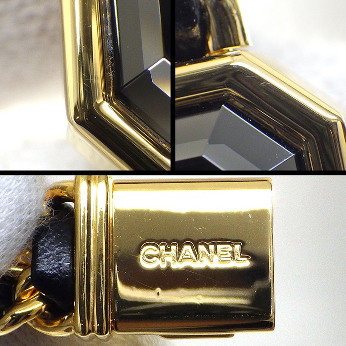 シャネル CHANEL 腕時計 プルミエールM H0001 オクタゴナル ブラック文字盤 チェーンブレス レザーベルト GP クオーツアナログ 【中古】