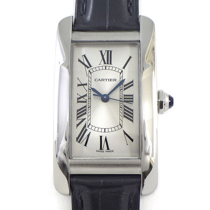 カルティエ Cartier 腕時計 タンク アメリカン MM WSTA0017 レクタンギュラー サンレイ シルバー文字盤 SS ブラック アリゲーターレザーベルト 自動巻き 【中古】