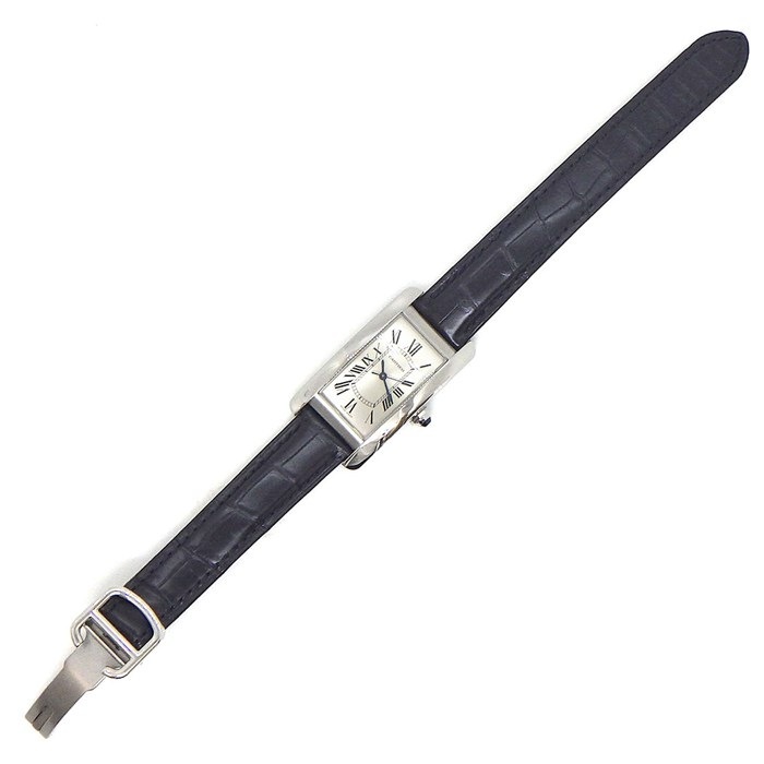 カルティエ Cartier 腕時計 タンク アメリカン MM WSTA0017 レクタンギュラー サンレイ シルバー文字盤 SS ブラック アリゲーターレザーベルト 自動巻き 【中古】