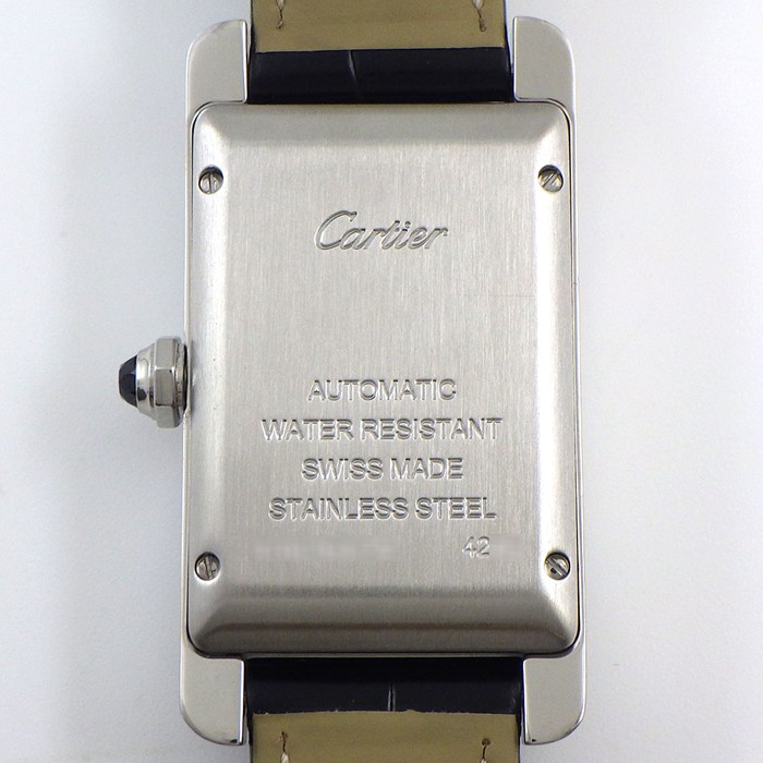 カルティエ Cartier 腕時計 タンク アメリカン MM WSTA0017 レクタンギュラー サンレイ シルバー文字盤 SS ブラック アリゲーターレザーベルト 自動巻き 【中古】