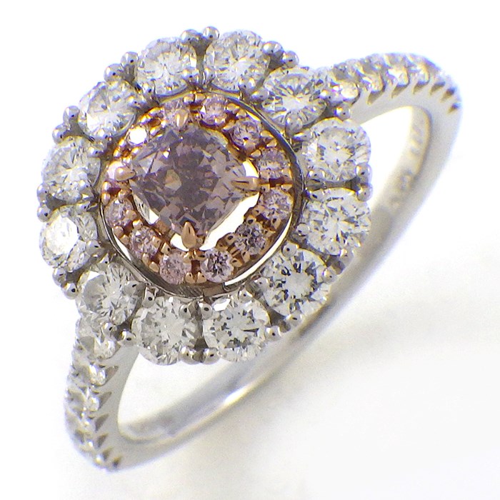 【クッションカットダイヤモンド】 リング 1ポイント クッションカット カラー ダイヤモンド 0.21ct(FDBPP/SI2) パヴェ ハーフサークル ダイヤモンド PT950 K18PG 12号 【中古】