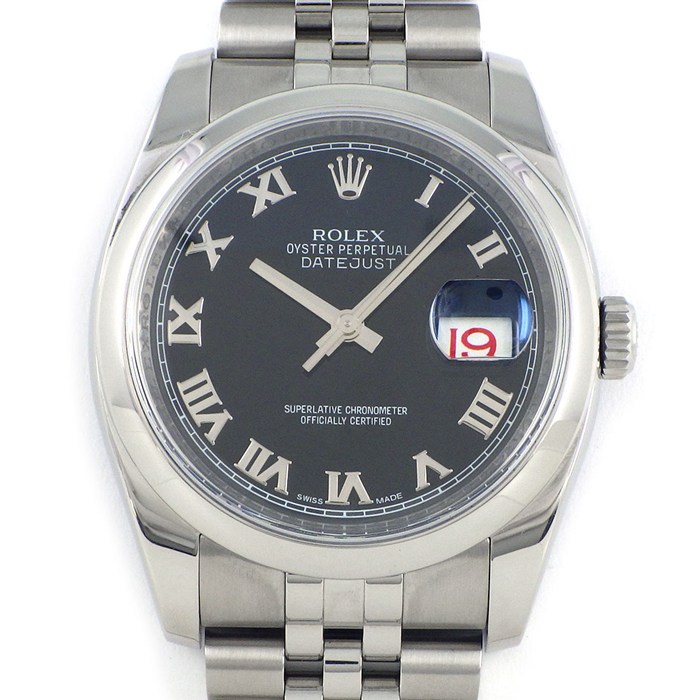 ロレックス Rolex 腕時計 デイトジャスト 116200 ブラック文字盤 ローマンインデックス ルーレット刻印 ランダムシリアル 赤黒 デイト SS 自動巻き 【箱・保付き】 【中古】
