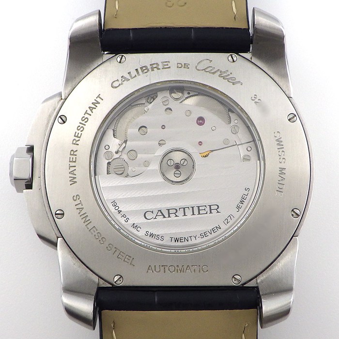 カルティエ Cartier 腕時計 カリブル LM W7100014 ローマンインデックス デイト 夜光針/インデックス スモールセコンド 裏スケ ブラック 文字盤 レザーベルト SS 自動巻き
