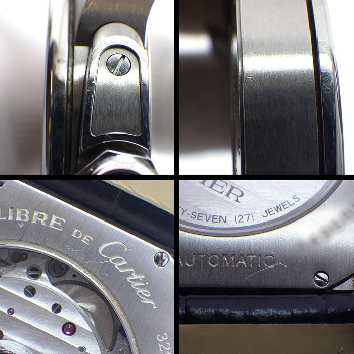 カルティエ Cartier 腕時計 カリブル LM W7100014 ローマンインデックス デイト 夜光針/インデックス スモールセコンド 裏スケ ブラック 文字盤 レザーベルト SS 自動巻き