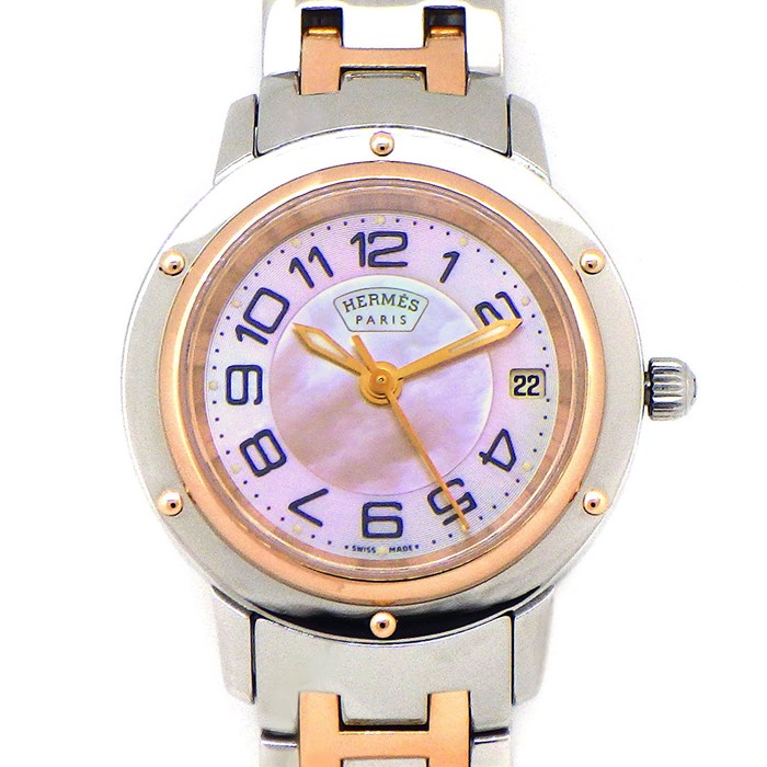 エルメス HERMES 腕時計 クリッパー CP1.221 デイト カレンダー ピンクシェル 文字盤 H リンク ベルト PG SS クオーツアナログ 【箱・保付き】 【中古】