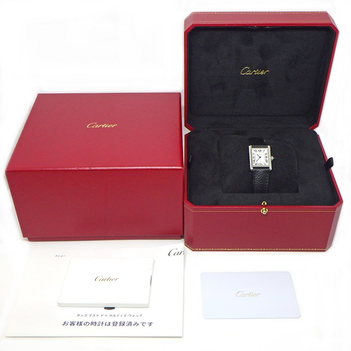 カルティエ Cartier 腕時計 タンク マスト SM WSTA0042 レクタンギュラー シルバー文字盤 ローマンインデックス SS ブラック 牛革ベルト クオーツアナログ 【箱・保付き】 【中古】