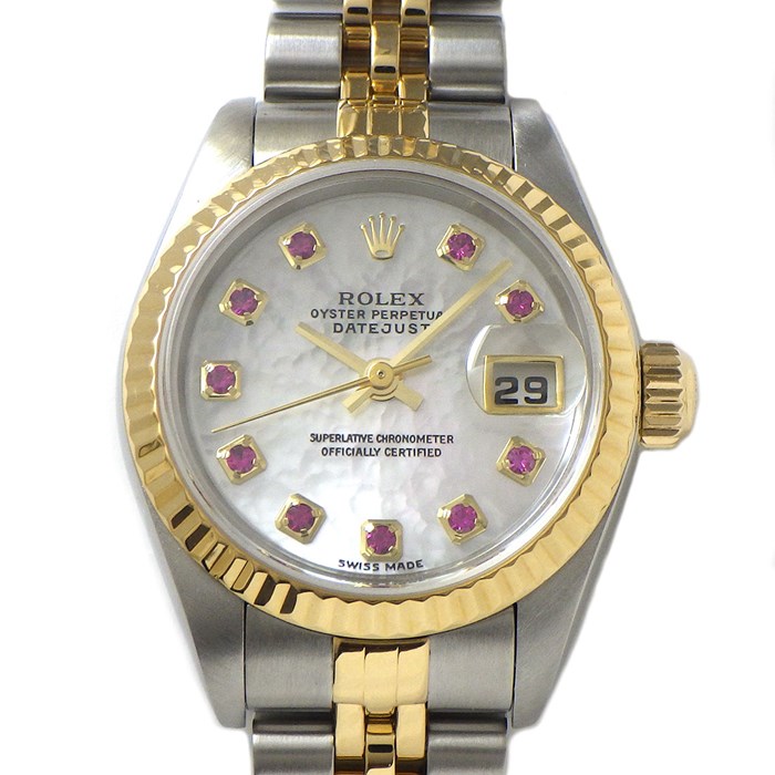 ロレックス Rolex 腕時計 デイトジャスト 79173NGR Y番 2002年製 ホワイトシェル文字盤 フルーテッドベゼル 10ポイント ルビーインデックス カレンダー 3針 ジュビリーブレス オイスタースチール SS K18YG 自動巻き 【中古】
