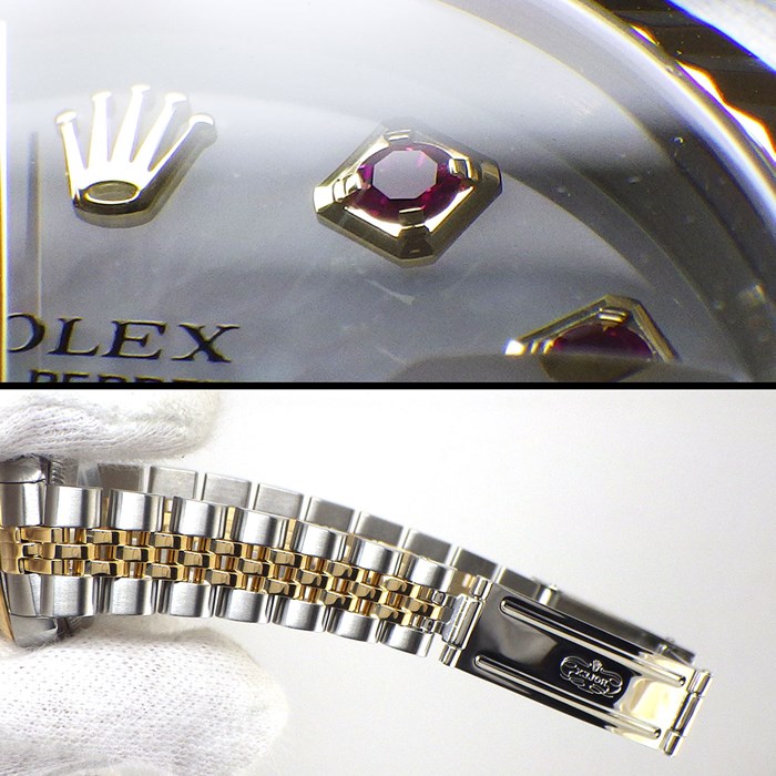 ロレックス Rolex 腕時計 デイトジャスト 79173NGR Y番 2002年製 ホワイトシェル文字盤 フルーテッドベゼル 10ポイント ルビーインデックス カレンダー 3針 ジュビリーブレス オイスタースチール SS K18YG 自動巻き 【中古】