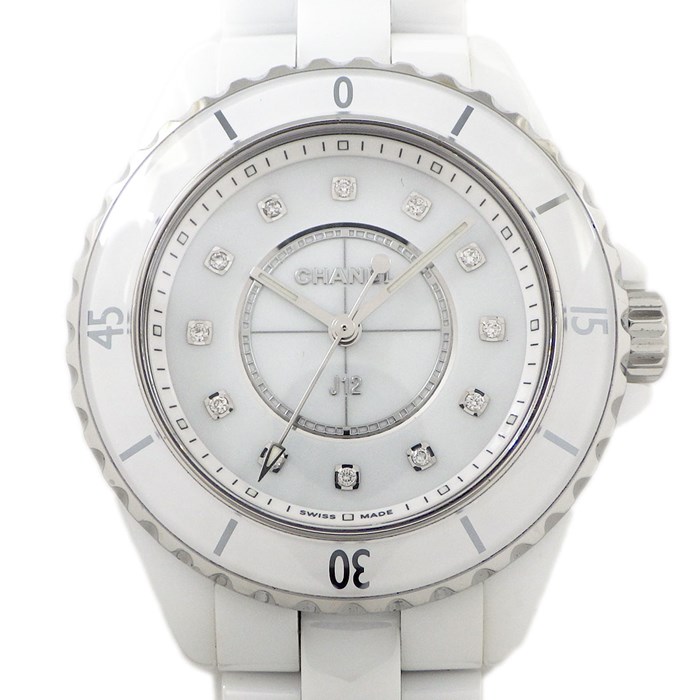 シャネル CHANEL 腕時計 J12 H5703 12ポイント ダイヤインデックス ホワイト文字盤 回転ベゼル SS ホワイト セラミック クオーツアナログ 【箱・保付き】 【中古】