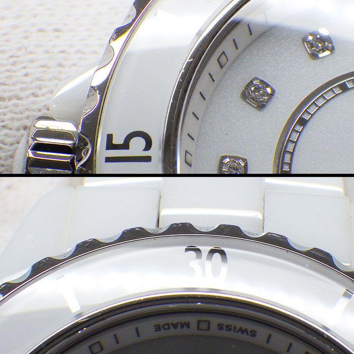 シャネル CHANEL 腕時計 J12 H5703 12ポイント ダイヤインデックス ホワイト文字盤 回転ベゼル SS ホワイト セラミック クオーツアナログ 【箱・保付き】 【中古】