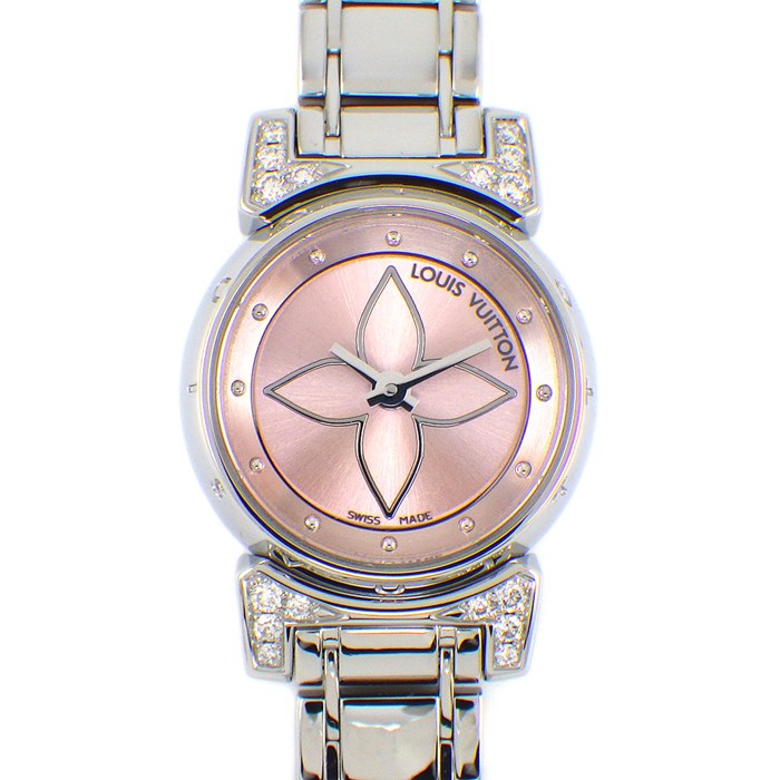ルイ・ヴィトン LOUIS VUITTON 腕時計 タンブール ビジュ Q151PO 16ポイント ダイヤモンドラグ モノグラム スター ピンク サンレイ文字盤 SS クオーツアナログ 【箱・保付き】 【中古】