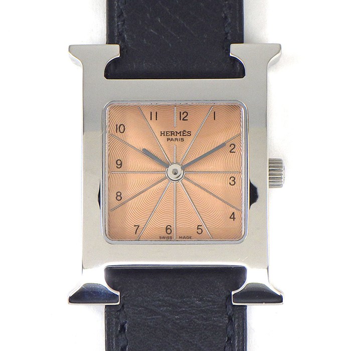 エルメス HERMES 腕時計 Hウォッチ HH1.210 スクエア コーラル ピンク ギョーシェ文字盤 SS ブラック ヴォー・エプソン レザーベルト クオーツアナログ 【箱・保付き】 【中古】