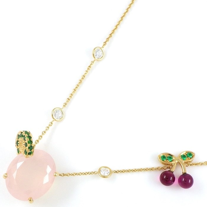 ピアジェ PIAGET ネックレス カクテル モチーフ レア ライム チェリー フルーツ 1ポイント オーバルカット ローズクォーツ 23ポイント グリーン ガーネット 2ポイント ピンク トルマリン 3ポイント ダイヤモンド K18YG 【中古】