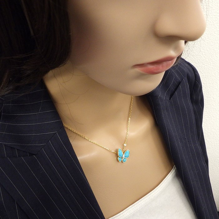 ヴァンクリーフ＆アーペル Van Cleef & Arpels ネックレス ドゥ パピヨン VCARP7UP00 蝶モチーフ 4ポイント ターコイズ トルコ石 2ポイント ダイヤモンド 計0.20ct K18YG K18WG 【箱・保付き】 【中古】