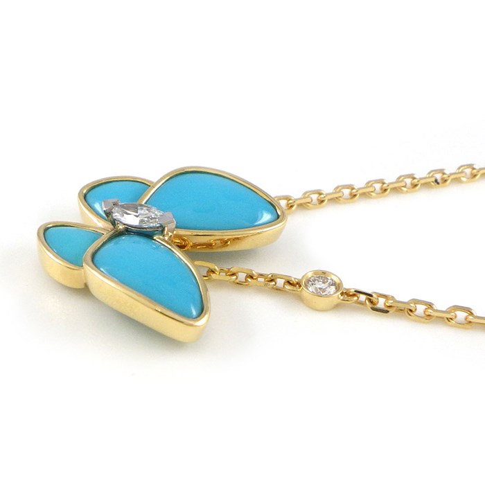 ヴァンクリーフ＆アーペル Van Cleef & Arpels ネックレス ドゥ パピヨン VCARP7UP00 蝶モチーフ 4ポイント ターコイズ トルコ石 2ポイント ダイヤモンド 計0.20ct K18YG K18WG 【箱・保付き】 【中古】