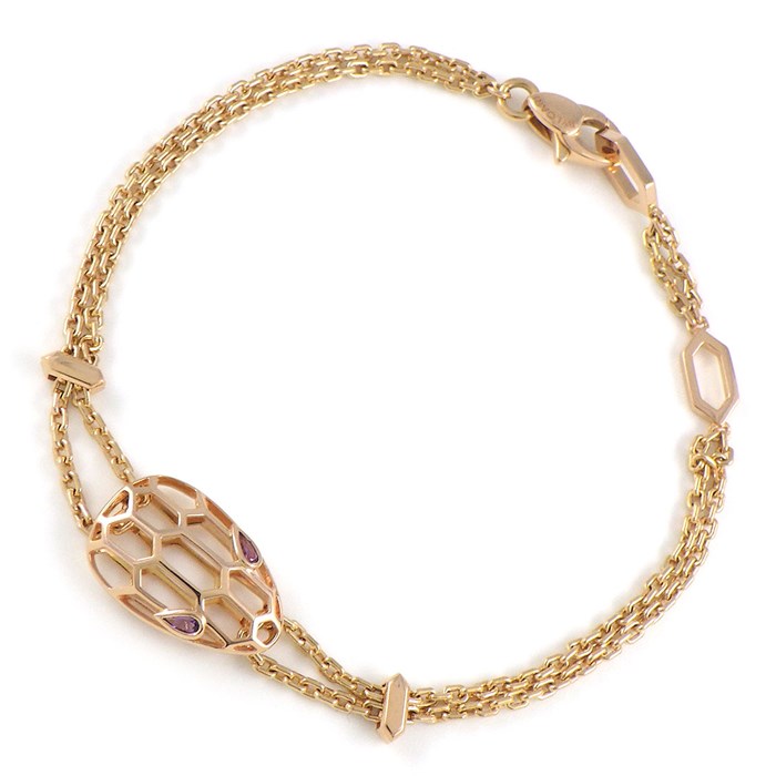ブルガリ BVLGARI ブレスレット セルペンティ ダブルチェーン 2ポイント ペアシェイプ アメジスト K18PG / #ML 【中古】