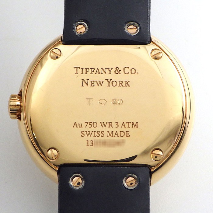 ティファニー Tiffany & Co. 腕時計 アトラス 2ハンド 24mm ダイヤベゼル/インデックス/リュウズ ギョーシェ シルバー文字盤 K18PG ブラック レザーベルト クオーツアナログ