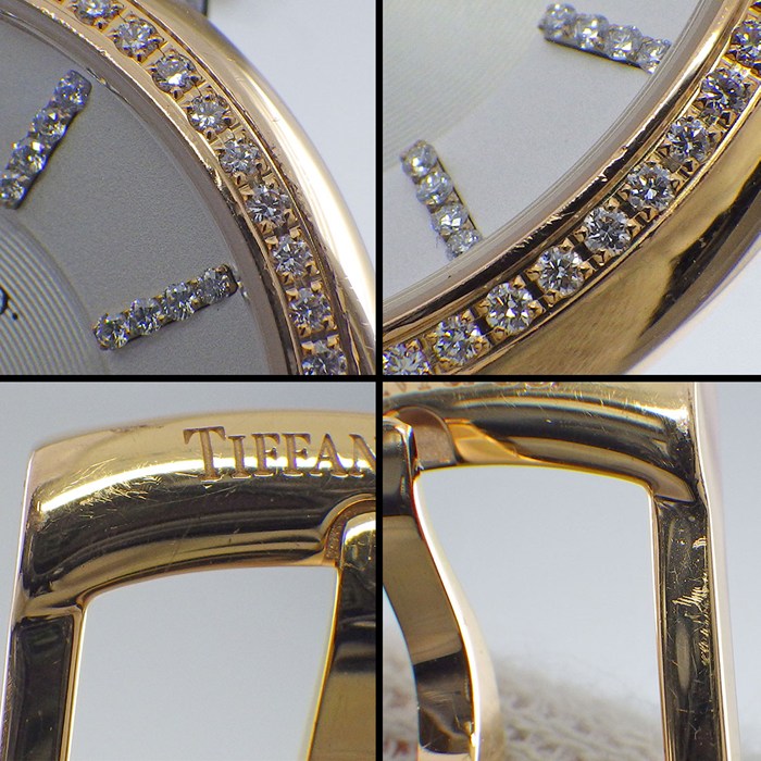 ティファニー Tiffany & Co. 腕時計 アトラス 2ハンド 24mm ダイヤベゼル/インデックス/リュウズ ギョーシェ シルバー文字盤 K18PG ブラック レザーベルト クオーツアナログ