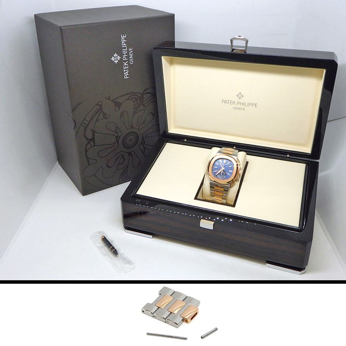 パテック・フィリップ Patek Philippe 腕時計 ノーチラス 5980/1AR-001 生産終了モデル デイト クロノグラフ 裏スケ ストライプ ブルー文字盤 K18PG SS 自動巻き 【箱・保付き】 【中古】